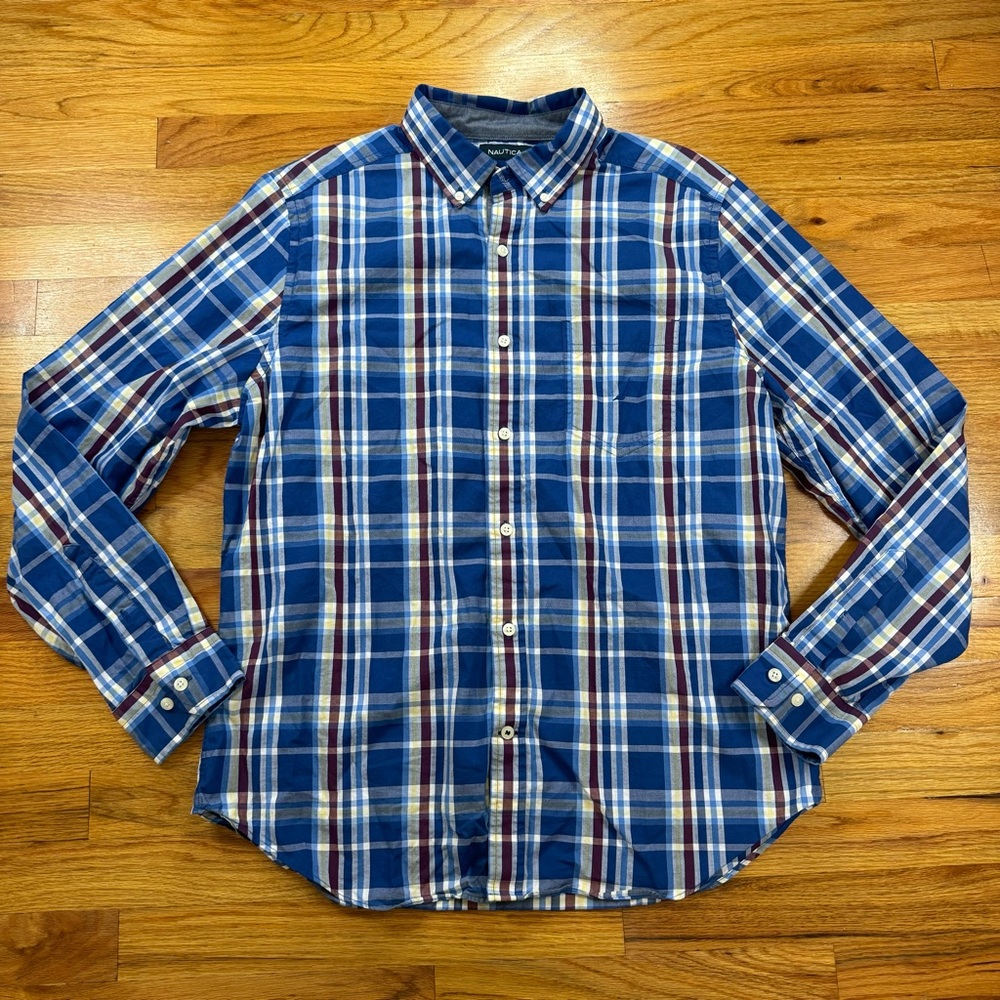 Nautica Mens Size Large Casual Button Up Long Sleeve Shirt Blue Plaid
